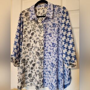 Rose & Olive, blue and White Patterned Button-Up Shirt, sz 1x